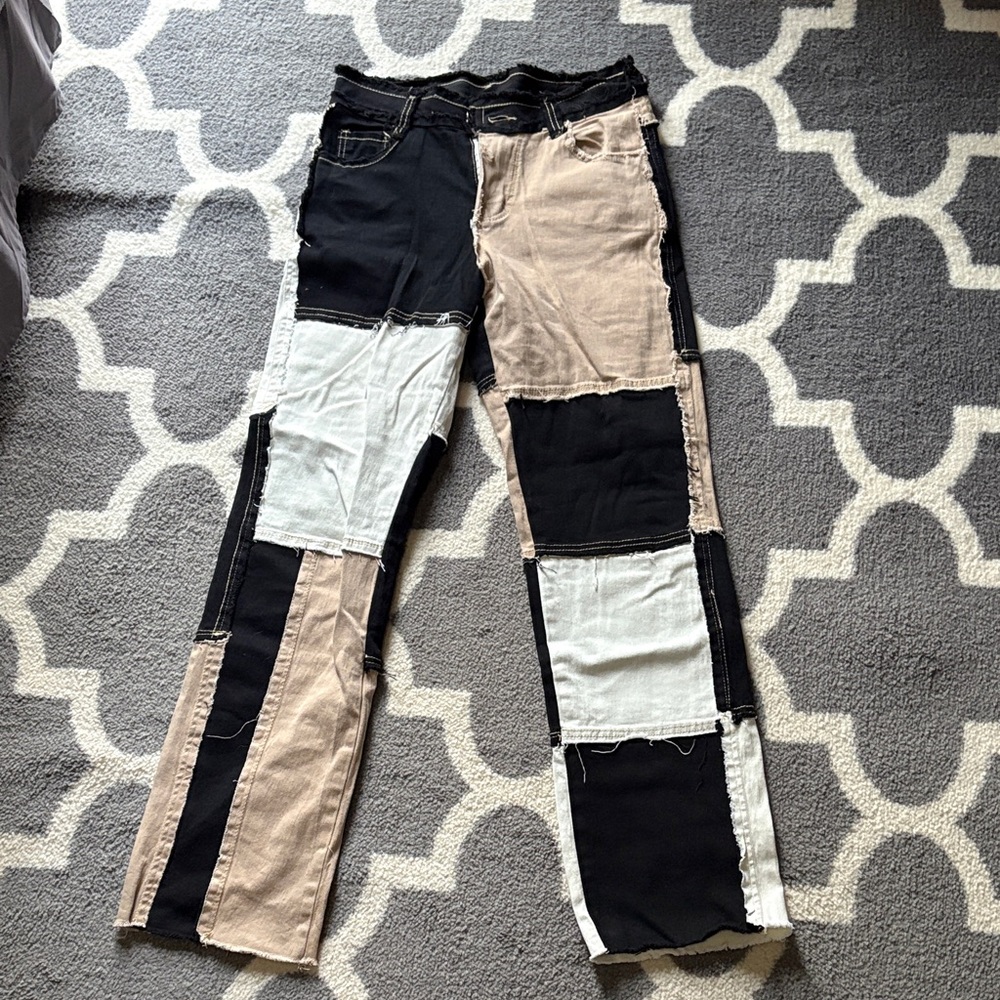 Patchwork Jeans with Black and Tan Panels